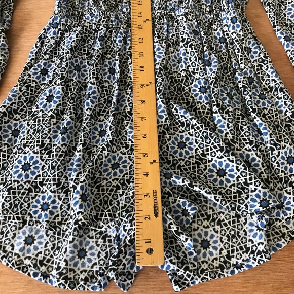 Ava Sky Romper Dress Women S Blue Geometric Tie Waist Pocket Long Sleeve Stretch - Picture 7 of 13